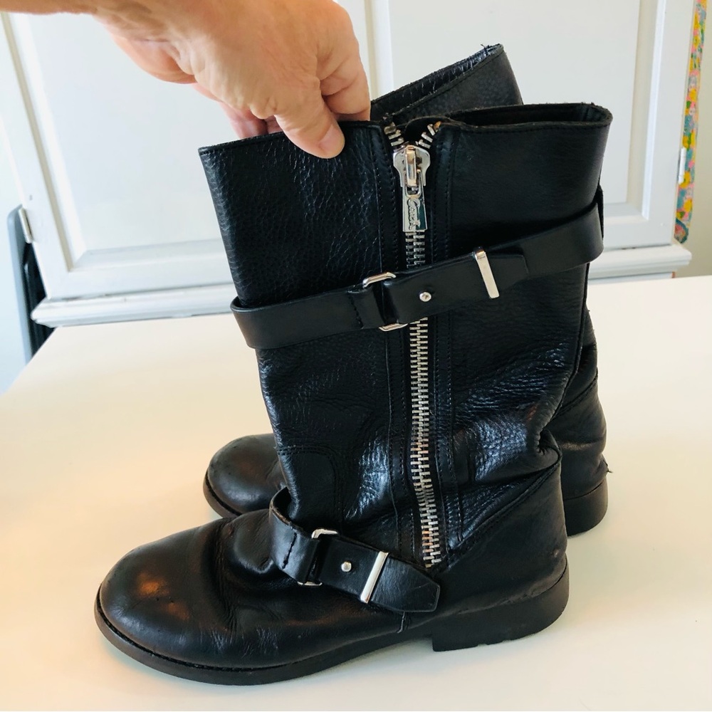 Coach Vanessa Pebble Grain Black Leather Boots Women’s Size 8, Moto Biker Punk
